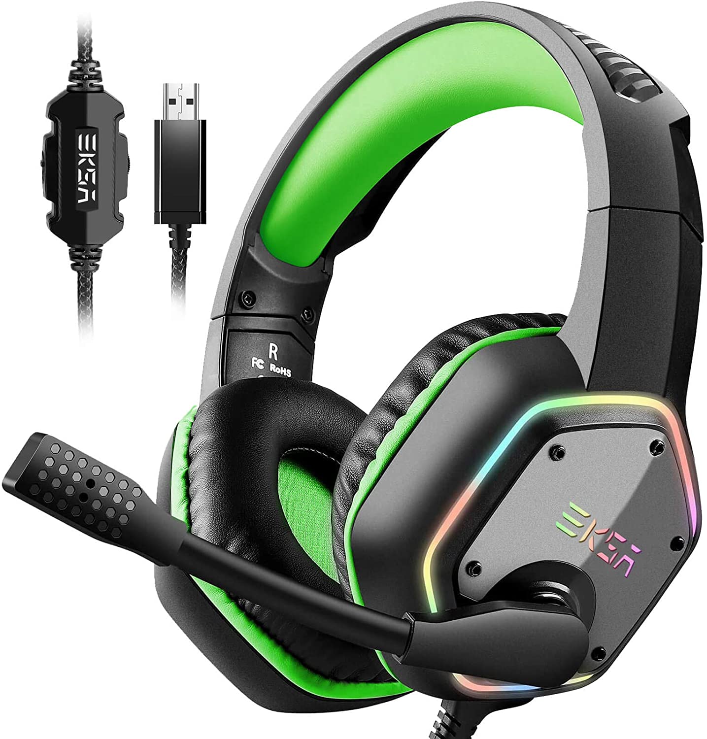 EKSA E1000 7.1 Surround Sound Gaming Headset With Microphone For PS4/Xbox-One/PC Gamer Stereo USB Wired Headphone RGB LED Light Green